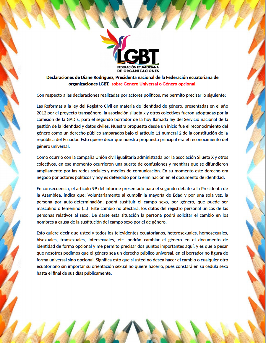 Declaraciones de Diane Rodríguez, presidenta nacional de la Federación Ecuatoriana de organizaciones LGBT, sobre Genero Universal o Género opcional