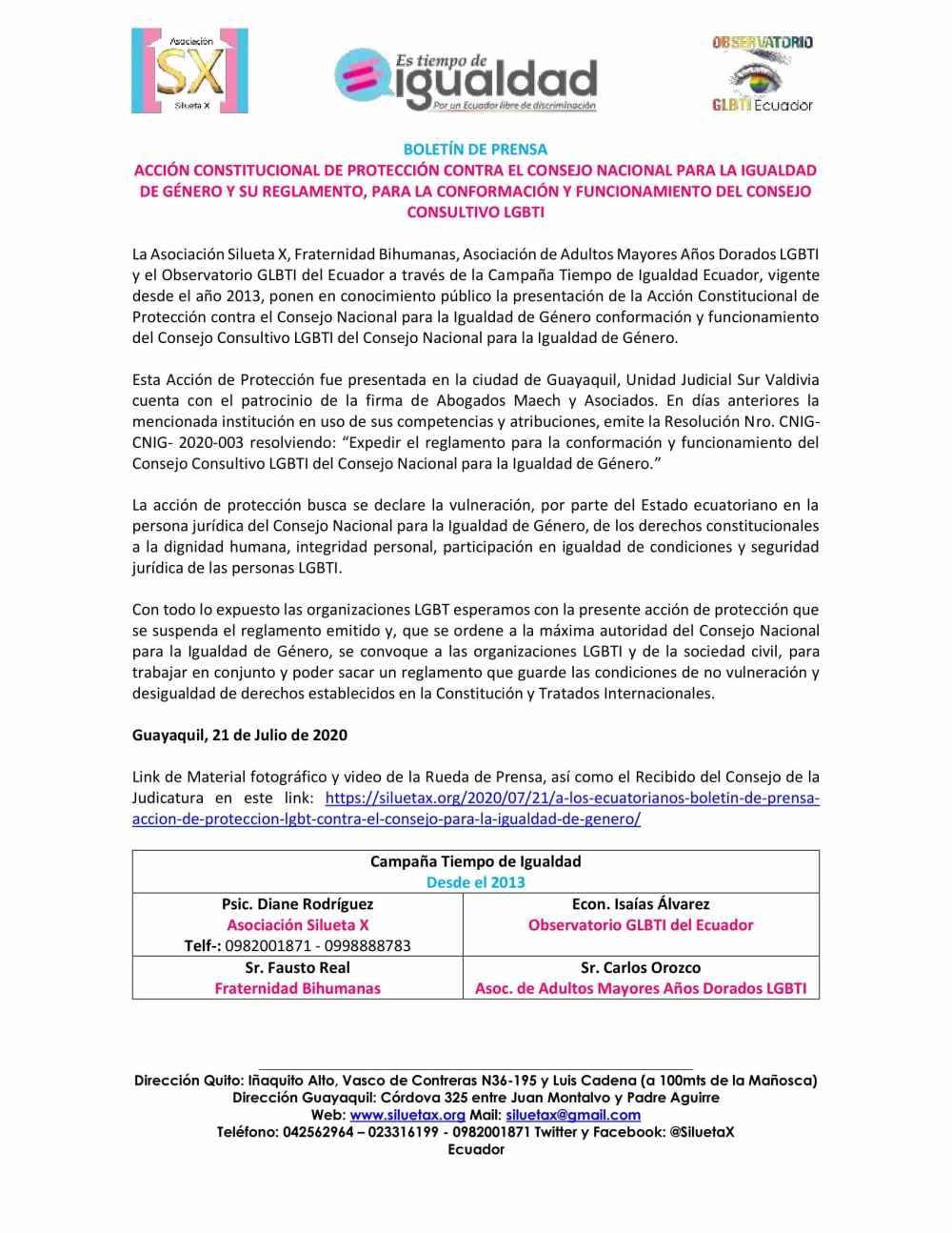 A LOS ECUATORIANOS, BOLETÍN DE PRENSA – ACCIÓN DE PROTECCIÓN LGBT CONTRA EL CONSEJO PARA LA IGUALDAD DE GÉNERO - Asociación Silueta X